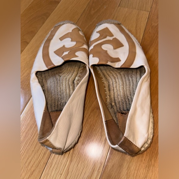 Tory Burch Leather Espadrilles Lonnie Flat Logo Natural Tan Sz 9 - Picture 9 of 9